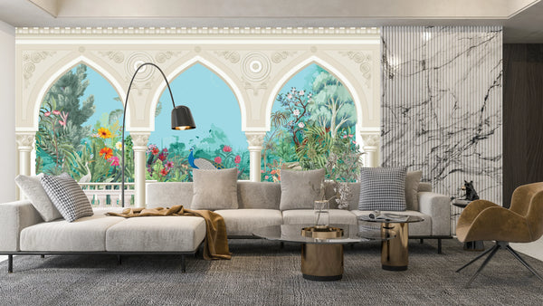 Chinoiserie Garden Arch Wallpaper, Peacock Mural, Oversized Custom Size Wall Art, Non-Woven, Non-Adhesive, Modern Wall Paper, Removable