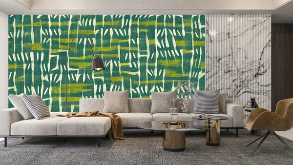 Ethnic Ikat Greenish Wallpaper, Handmade Boho Tribal Mural, Oversized Custom Size Wall Art, Non-Woven, Non-Adhesive, Modern Wall Paper, Removable