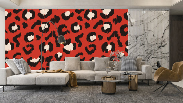 Red Leopard Skin Wallpaper, Seamless Pattern Mural, Oversized Custom Size Wall Art, Non-Woven, Non-Adhesive, Modern Wall Paper, Removable