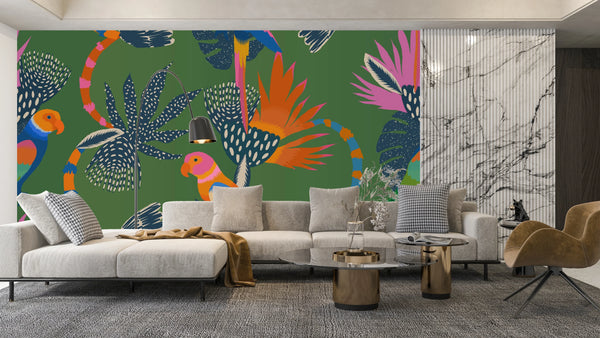 Exotic Abstract Wallpaper, Parrots Mural, Oversized Custom Size Wall Art, Non-Woven, Non-Adhesive, Modern Wall Paper, Removable