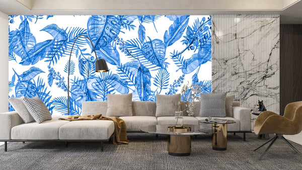 Blue Tropic Plants Wallpaper, Aquamarine Tropical Mural, Oversized Custom Size Wall Art, Non-Woven, Non-Adhesive, Modern Wall Paper, Removable