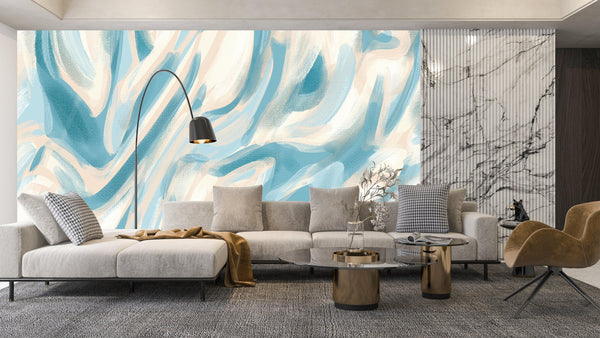 Abstract Teal, Beige Wallpaper, Paint Strokes Mural, Oversized Custom Size Wall Art, Non-Woven, Non-Adhesive, Modern Wall Paper, Removable