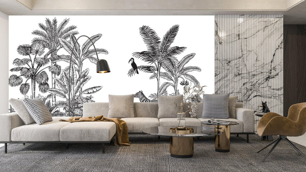 Toile Tropical Wallpaper, Vintage Mural, Oversized Custom Size Wall Art, Non-Woven, Non-Adhesive, Modern Wall Paper, Removable