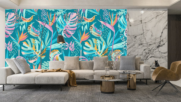 Abstract Tropical Leaves Wallpaper, Seamless Pattern Mural, Oversized Custom Size Wall Art, Non-Woven, Non-Adhesive, Modern Wall Paper, Removable