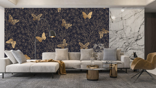 Gold Butterflies and Flowers Wallpaper, Black Background Mural, Oversized Custom Size Wall Art, Non-Woven, Non-Adhesive, Modern Wall Paper, Removable