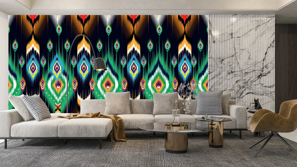 Ikat Ethnic Wallpaper, Abstract Mexican Mural, Oversized Custom Size Wall Art, Non-Woven, Non-Adhesive, Modern Wall Paper, Removable