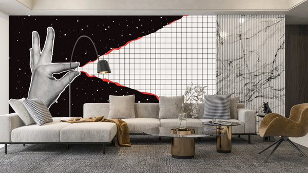 Hand Pulls a Sheet of Checkered Paper Wallpaper, Outer Space Background Mural, Oversized Custom Size Wall Art, Non-Woven, Non-Adhesive, Modern Wall Paper, Removable