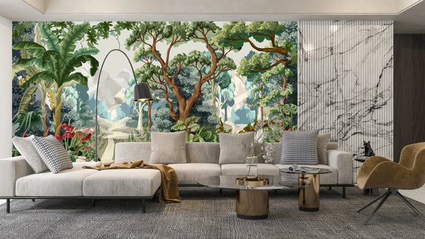 Jungle Wallpaper, Tropical Plants Mural, Oversized Custom Size Wall Art, Non-Woven, Non-Adhesive, Modern Wall Paper, Removable