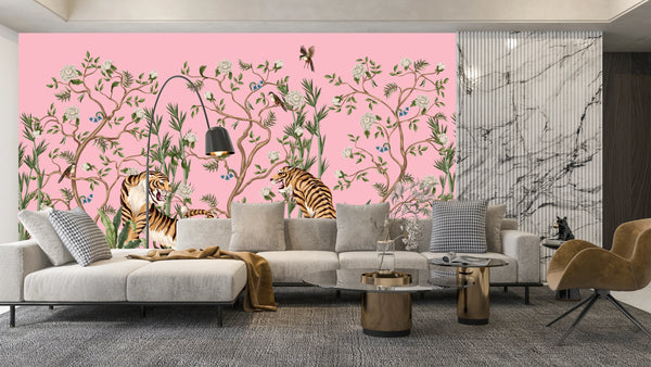 Tigers and Trees Wallpaper, Pink Background Mural, Oversized Custom Size Wall Art, Non-Woven, Non-Adhesive, Modern Wall Paper, Removable