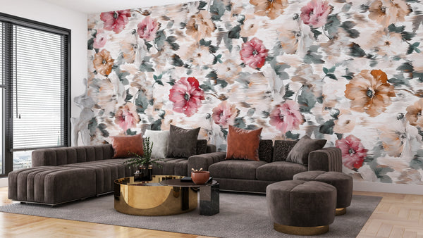 Elegant Beatiful Floral Wallpaper, Seamless Pattern Mural, Oversized Custom Size Wall Art, Non-Woven, Non-Adhesive, Modern Wall Paper, Removable