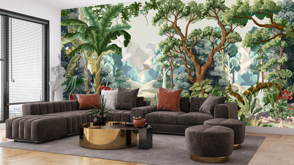 Jungle Wallpaper, Tropical Plants Mural, Oversized Custom Size Wall Art, Non-Woven, Non-Adhesive, Modern Wall Paper, Removable