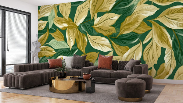 Gold and Light Green Small Leaves Wallpaper, Seamless Pattern Mural, Oversized Custom Size Wall Art, Non-Woven, Non-Adhesive, Modern Wall Paper, Removable
