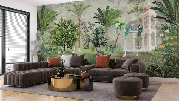 Palm Trees Tropical Wallpaper, Mughal Garden Wall Mural, Oversized Custom Size Wall Art, Non-Woven, Non-Adhesive, Modern Wall Paper, Removable