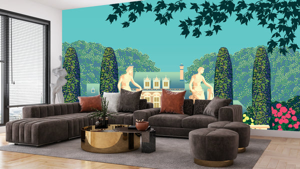 Flower Garden Wallpaper, House and Statues Mural, Oversized Custom Size Wall Art, Non-Woven, Non-Adhesive, Modern Wall Paper, Removable