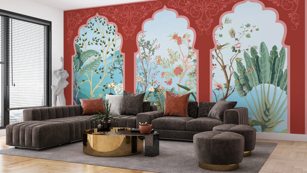 Traditional Mughal Garden Wallpaper, Peacock, Red Arch Mural, Oversized Custom Size Wall Art, Non-Woven, Non-Adhesive, Modern Wall Paper, Removable
