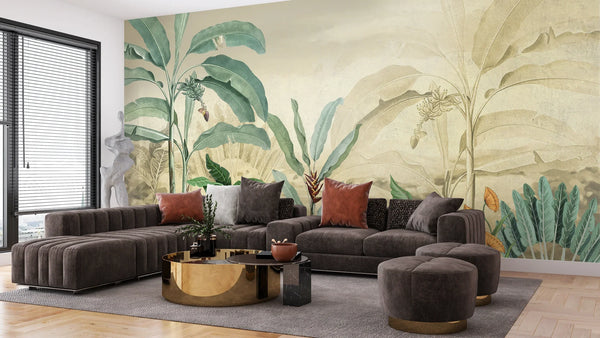 Tropical Trees Wallpaper, Tropical Leaves Wall Mural, Oversized Custom Size Wall Art, Non-Woven, Non-Adhesive, Modern Wall Paper, Removable