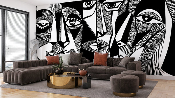 Modern Surreal, Black and White Wallpaper, Linocut Style Mural, Oversized Custom Size Wall Art, Non-Woven, Non-Adhesive, Modern Wall Paper, Removable