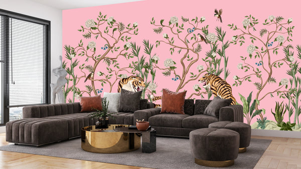 Tigers and Trees Wallpaper, Pink Background Mural, Oversized Custom Size Wall Art, Non-Woven, Non-Adhesive, Modern Wall Paper, Removable