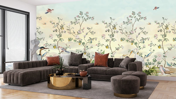 Blossom Trees Wallpaper, Chinoiserie Mural, Oversized Custom Size Wall Art, Non-Woven, Non-Adhesive, Modern Wall Paper, Removable