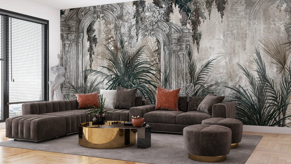 Columns in the Tropics Wallpaper, Watercolor Style Mural, Oversized Custom Size Wall Art, Non-Woven, Non-Adhesive, Modern Wall Paper, Removable