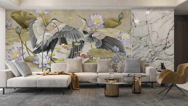 Birds Wallpaper, Lotus Mural, Oversized Custom Size Wall Art, Non-Woven, Non-Adhesive, Modern Wall Paper, Removable