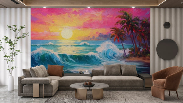 Pink Sky, Sunrise and Sea View Wallpaper, Oil Painting Mural, Oversized Custom Size Wall Art, Non-Woven, Non-Adhesive, Modern Wall Paper, Removable