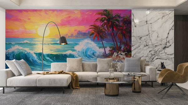 Pink Sky, Sunrise and Sea View Wallpaper, Oil Painting Mural, Oversized Custom Size Wall Art, Non-Woven, Non-Adhesive, Modern Wall Paper, Removable