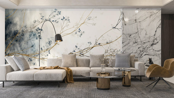 Blue Floral Wallpaper, White Background Mural, Oversized Custom Size Wall Art, Non-Woven, Non-Adhesive, Modern Wall Paper, Removable