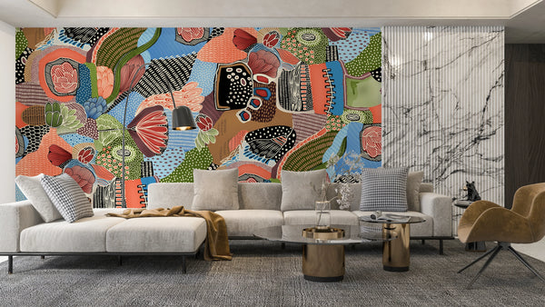 Abstract Shapes and Flowers Wallpaper, Seamless Pattern Mural, Oversized Custom Size Wall Art, Non-Woven, Non-Adhesive, Modern Wall Paper, Removable