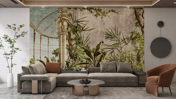 Greenhouse with a Column Wallpaper, Plants Mural, Oversized Custom Size Wall Art, Non-Woven, Non-Adhesive, Modern Wall Paper, Removable