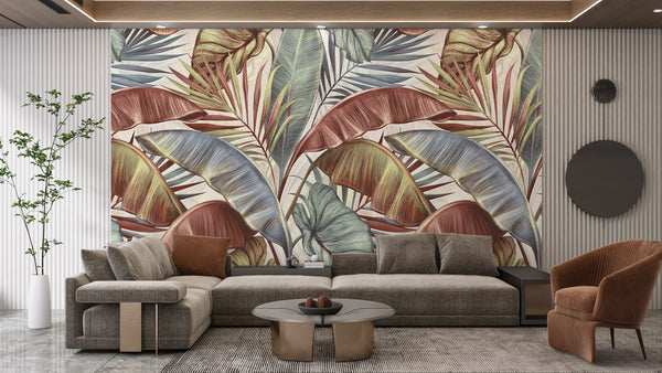 Brown and Green Leaves Wallpaper, Natural Wall Mural, Oversized Custom Size Wall Art, Non-Woven, Non-Adhesive, Modern Wall Paper, Removable