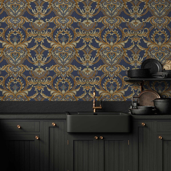 Luxury Deep Embossed Damask Wallpaper, Blue, Yellow, Home & Commercial Use Decorative Wallcovering, Washable, Sturdy - Adawall Wallpaper - Registered Trade Accounts Only, Wallpaper Wholesale Account - 1308-5 - Adawall Wholesale - Wallpaper Wholesaler