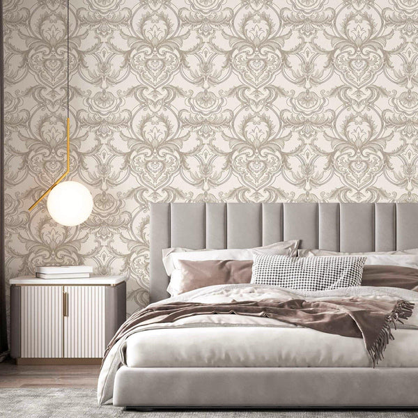 Luxury Deep Embossed Damask Wallpaper, White, Silver, Home & Commercial Use Decorative Wallcovering, Washable, Sturdy - Adawall Wallpaper - Registered Trade Accounts Only, Wallpaper Wholesale Account - 1308-1 - Adawall Wholesale - Wallpaper Wholesaler
