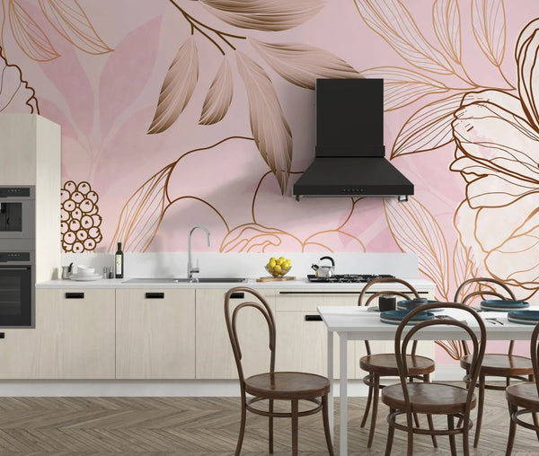 Luxury Golden, Pink Wallpaper, Tropical Flower Mural, Oversized Custom Size Wall Art, Non - Woven, Non - Adhesive, Modern Wall Paper, Removable - Adawall Wallpaper - Registered Trade Accounts Only, Wallpaper Wholesale Account - W77938 - Adawall Wholesale - Wallpaper Wholesaler