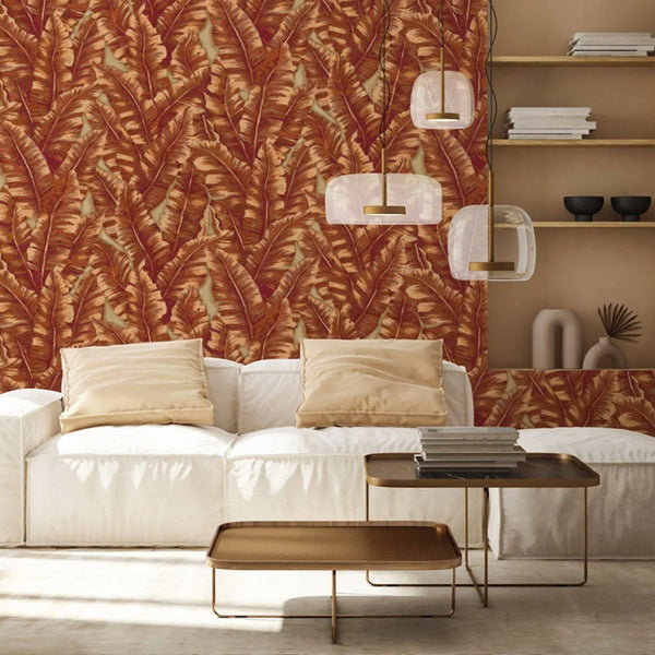 Luxury Leaf Pattern Wallpaper, Orange, Red Embossed Botanical Tropical Exotic Wallcovering, Plants Tropical Design - Walloro High End Wallcoverings & More