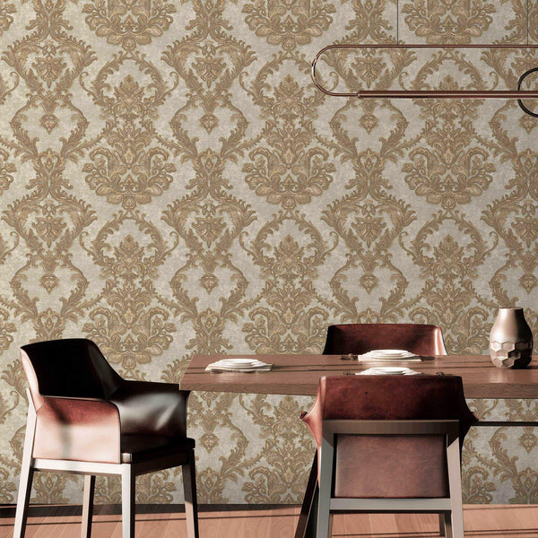 Luxury Sparkling Deep Embossed Damask Wallpaper, Beige, Rose Gold Beautiful Flocked Shimmering Rich Textured Wallcovering - Adawall Wallpaper - Registered Trade Accounts Only, Wallpaper Wholesale Account - 1303-3 - Adawall Wholesale - Wallpaper Wholesaler