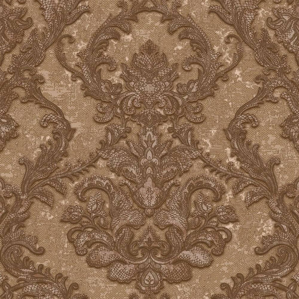 Luxury Sparkling Deep Embossed Damask Wallpaper, Light Brown, Copper Beautiful Flocked Shimmering Rich Textured Wallcovering - Walloro High End Wallcoverings & More