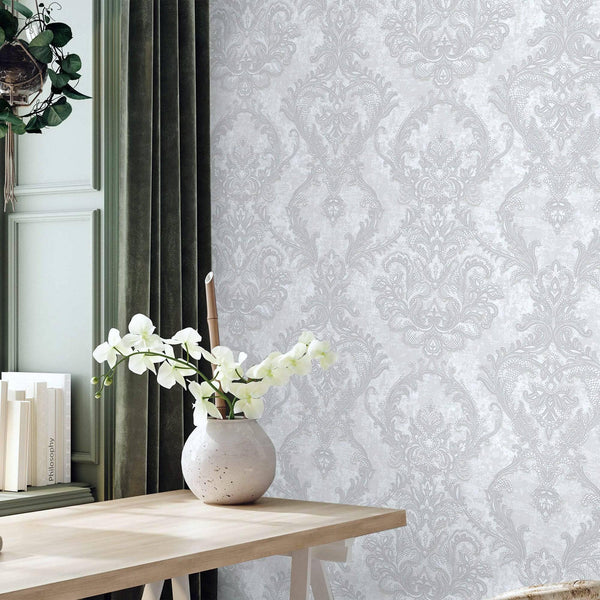 Luxury Sparkling Deep Embossed Damask Wallpaper, White, Silver Beautiful Flocked Shimmering Rich Textured Wallcovering - Adawall Wallpaper - Registered Trade Accounts Only, Wallpaper Wholesale Account - 1303-1 - Adawall Wholesale - Wallpaper Wholesaler
