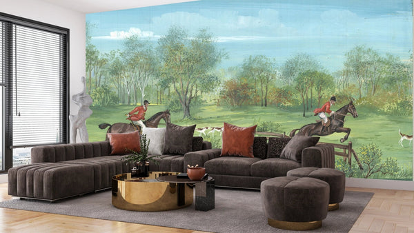 Men Ride Horses on the Field, Dogs Wallpaper, Composition Mural, Oversized Custom Size Wall Art, Non - Woven, Non - Adhesive, Modern Wall Paper, Removable - Adawall Wallpaper - Registered Trade Accounts Only, Wallpaper Wholesale Account - W77667 - Adawall Wholesale - Wallpaper Wholesaler