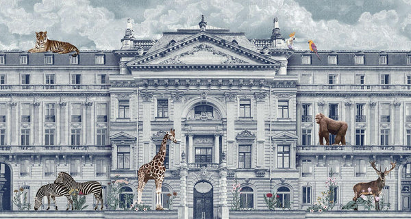 Modern Animals Building Wallpaper, Light Blue Jungle Wall Mural, Custom Size Architecture Wall Covering, Non - Woven, Non - Adhesive, Washable, Removable - Adawall Wallpaper - Registered Trade Accounts Only, Wallpaper Wholesale Account - FJ308-2 - Adawall Wholesale - Wallpaper Wholesaler