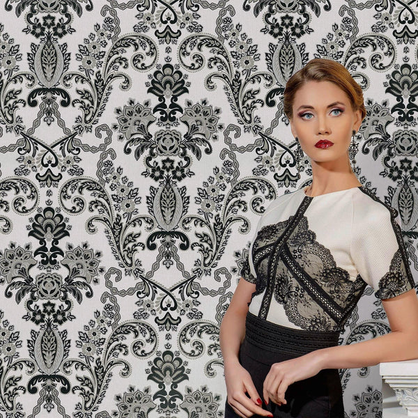 Modern Deep Embossed Damask Wallpaper, Black and White Shiny 3D Textured Wallcovering, 114 sq ft Roll, Non - Pasted, Washable, Shop Wallpaper - Adawall Wallpaper - Registered Trade Accounts Only, Wallpaper Wholesale Account - 6804-5 - Adawall Wholesale - Wallpaper Wholesaler