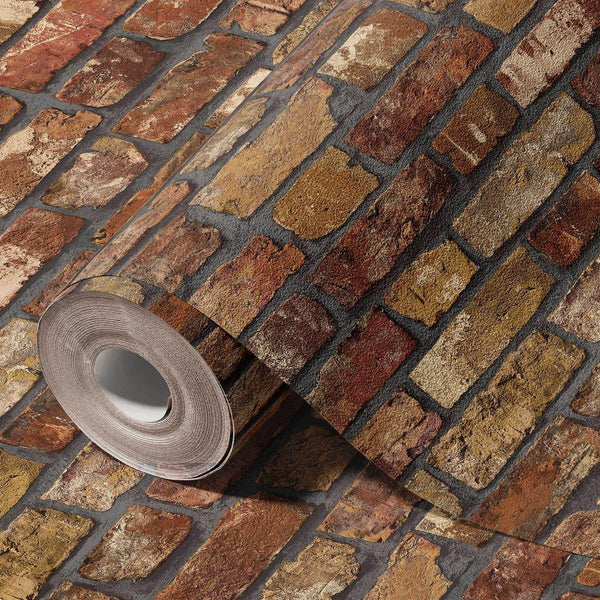 Modern Embossed Stone Brick Wallpaper, Red Orange Gray Home Wall Decor, Realistic 3D Textured Wallcovering, Wall Accent - Walloro High End Wallcoverings & More