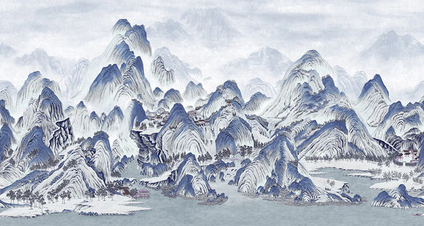 Mountains Scenic Wall Mural, Blue Landscape Wallpaper, Modern Custom Size Wall Covering, Non-Woven, Non-Pasted, Washable, Removable, Extra Large Wall Covering - Walloro High End Wallcoverings & More