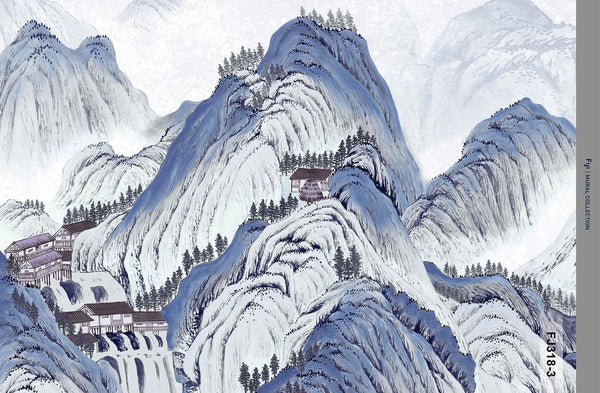 Mountains Scenic Wall Mural, Blue Landscape Wallpaper, Modern Custom Size Wall Covering, Non-Woven, Non-Pasted, Washable, Removable, Extra Large Wall Covering - Walloro High End Wallcoverings & More