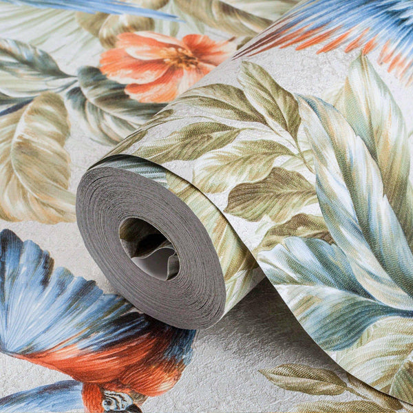 Multi-Color Birds Deep Embossed Wallpaper, White, Red, Blue Stylish 3D Textured Tropical Plants Wallcovering - Walloro High End Wallcoverings & More