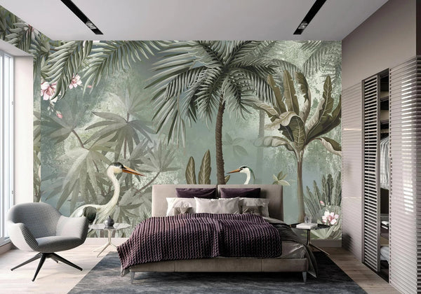 Nature Forest Wallpaper, Birds Palm Tree Wall Mural, Light Green Jungle Theme Large Wall Art, Non - Woven, Non - Adhesive, Removable, Exotic Wall Paper - Adawall Wallpaper - Registered Trade Accounts Only, Wallpaper Wholesale Account - A317-2 - Adawall Wholesale - Wallpaper Wholesaler