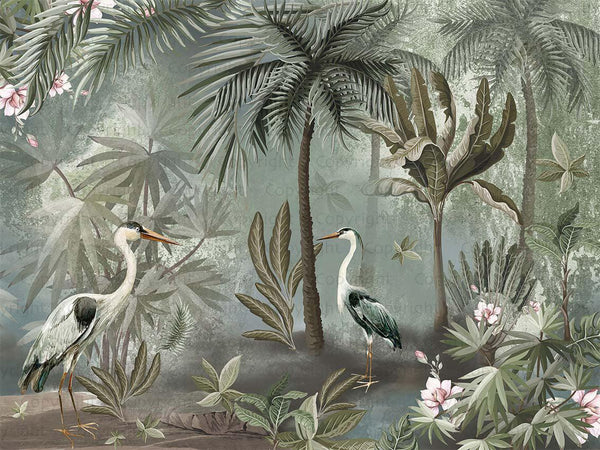 Nature Forest Wallpaper, Birds Palm Tree Wall Mural, Light Green Jungle Theme Large Wall Art, Non - Woven, Non - Adhesive, Removable, Exotic Wall Paper - Adawall Wallpaper - Registered Trade Accounts Only, Wallpaper Wholesale Account - A317-2 - Adawall Wholesale - Wallpaper Wholesaler