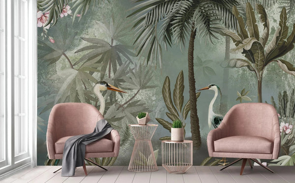 Nature Forest Wallpaper, Birds Palm Tree Wall Mural, Light Green Jungle Theme Large Wall Art, Non - Woven, Non - Adhesive, Removable, Exotic Wall Paper - Adawall Wallpaper - Registered Trade Accounts Only, Wallpaper Wholesale Account - A317-2 - Adawall Wholesale - Wallpaper Wholesaler