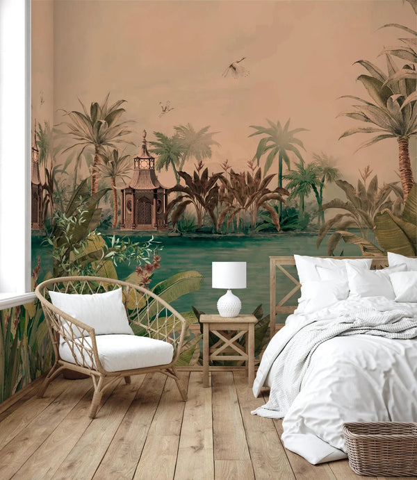 Nature Theme Wall Mural, Palm Trees Lake Scenic Wall Mural, Brown Jungle Scene Large Wall Art, Non - Woven, Non - Adhesive, Removable, Exotic Wall Paper, Washable - Adawall Wallpaper - Registered Trade Accounts Only, Wallpaper Wholesale Account - A318-3 - Adawall Wholesale - Wallpaper Wholesaler