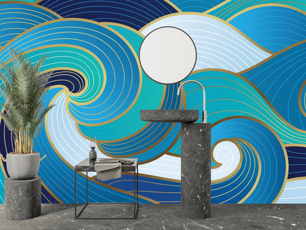 Navy Blue, Gold Abstract Wallpaper, Wavy Mural, Oversized Custom Size Wall Art, Non - Woven, Non - Adhesive, Modern Wall Paper, Removable - Adawall Wallpaper - Registered Trade Accounts Only, Wallpaper Wholesale Account - W77906 - Adawall Wholesale - Wallpaper Wholesaler